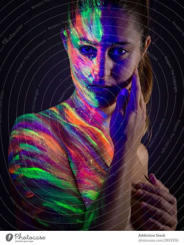 Topless model in neon lights ultraviolet Figure Purple To enjoy pose Dark Light Woman Beautiful Fluorescent Art Multicoloured Bright Creativity dyed Body