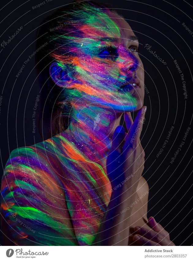 Topless model in neon lights ultraviolet Figure Purple To enjoy pose Dark Light Woman Beautiful Fluorescent Art Multicoloured Bright Creativity dyed Body