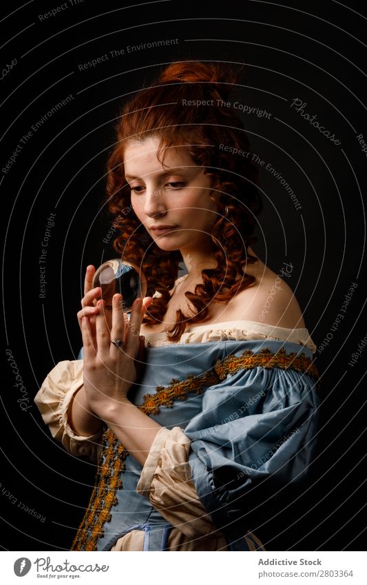 Baroque woman with glass ball Woman Red-haired Corkscrew Magic Ball Glass Dress medieval Carnival Renaissance Princess Royal masquerade divination prophecy