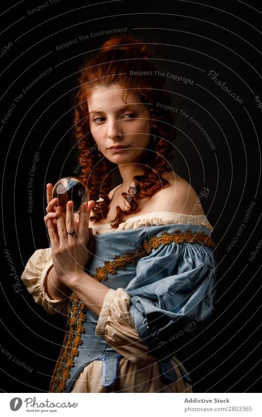 Baroque woman with glass ball Woman Red-haired Corkscrew Hold Magic Ball Glass Dress medieval Carnival Renaissance Princess Royal masquerade divination prophecy