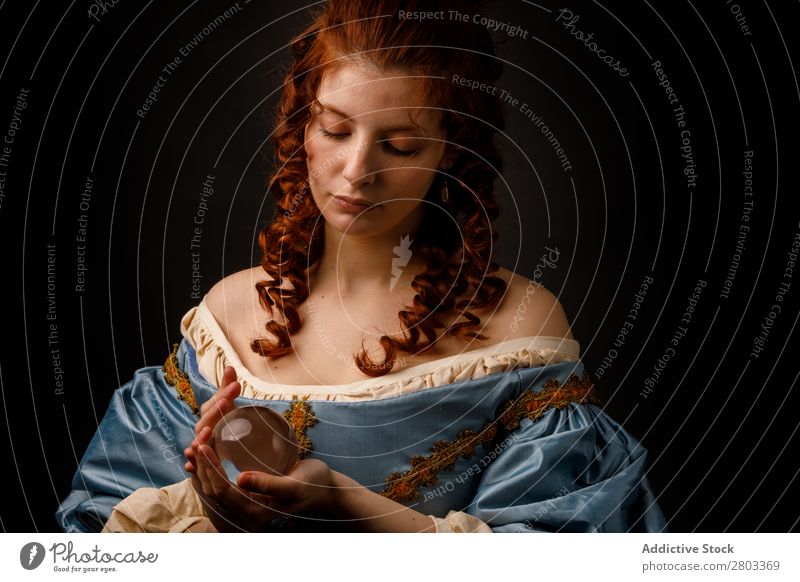 Baroque woman with glass ball Woman Red-haired Corkscrew Hold Magic Ball Glass Dress medieval Carnival Renaissance Princess Royal masquerade divination prophecy