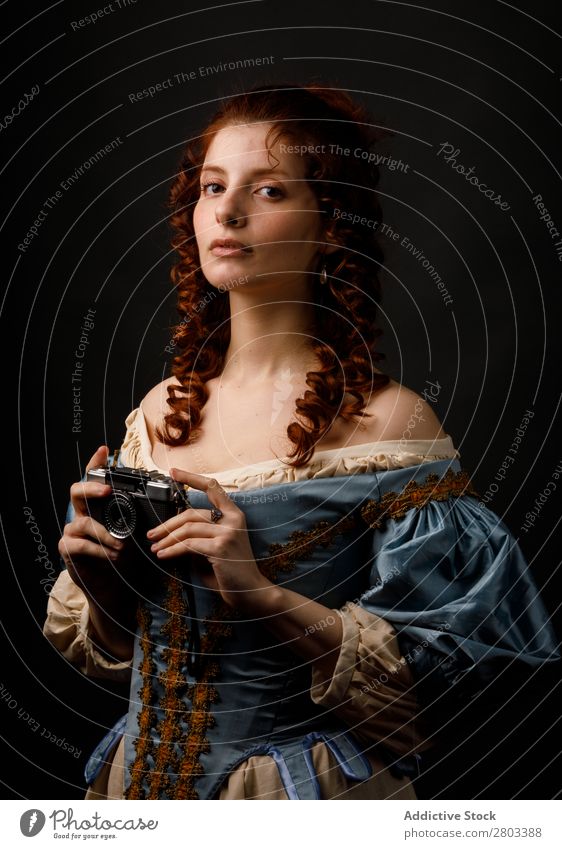 Medieval woman with photo camera Woman Baroque Conceptual design Dress medieval Carnival Renaissance Princess Royal masquerade Fantasy aristocrat Fashion