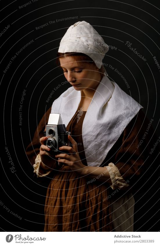 Medieval woman with photo camera Woman Red-haired Baroque Conceptual design Dress medieval Carnival Renaissance Princess Royal masquerade Fantasy aristocrat