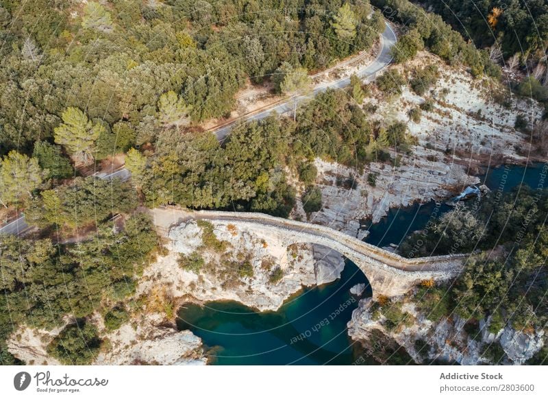 Aerial view of a medieval bridge Bridge Spain Aircraft Vantage point Drone Famous building Roman Old Architecture Historic Europe Landmark Skyline River Water