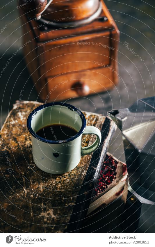 Coffee in an enamel cup Antique Aromatic Beans Beverage Black Book Breakfast Caffeine Coffee break Coffee pot Cream Cup Drinking Enamel Espresso Foam Food