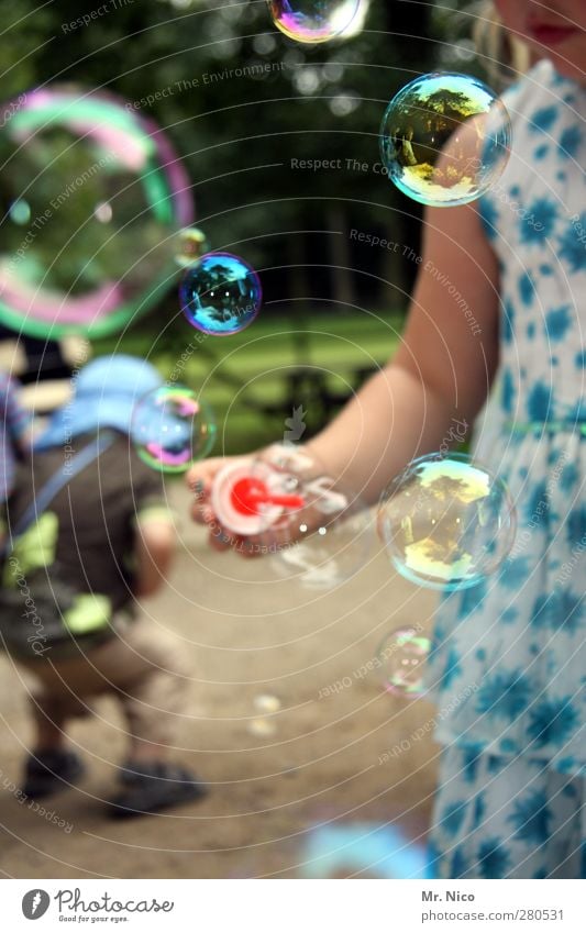 bubbles Summer Toddler Infancy Environment Park Joy Happy Happiness Contentment Soap bubble Air bubble Blow Round Sphere Transparent Summer dress