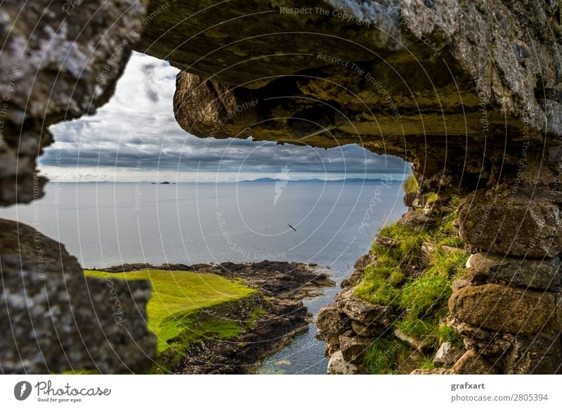 Stone windows in Duntulm Castle on the Isle of Skye Atlantic Ocean Vantage point View from a window Vista Window Flying Floating Flight of the birds Past