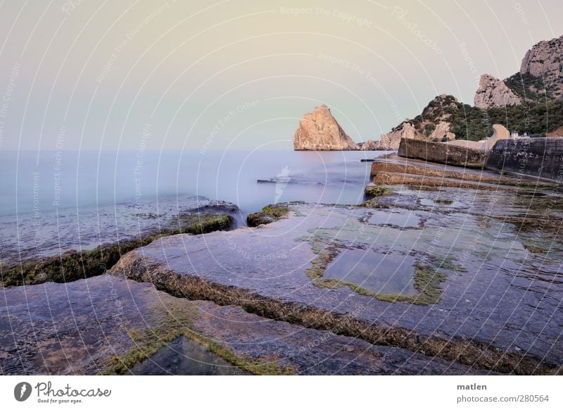 silence Landscape Sky Cloudless sky Horizon Summer Climate Beautiful weather Rock Mountain Coast River bank Beach Bay Ocean Deserted Blue Brown silent Prongs