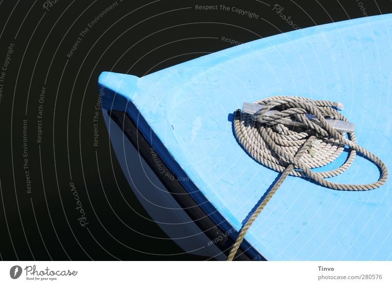 turquoise boat deck with rope/rope Fishing boat Rowboat Harbour Rope Wait Black Turquoise White Calm Simple Bow Colour photo Close-up Deserted Copy Space left