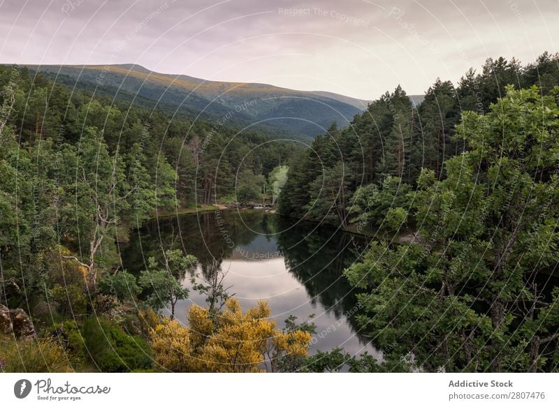 Amazing sunrise on a mountain lake in Rascafria, Madrid. Spain Lake Mountain Sunrise Nature Landscape Forest Sky Water River Summer Background picture Beautiful