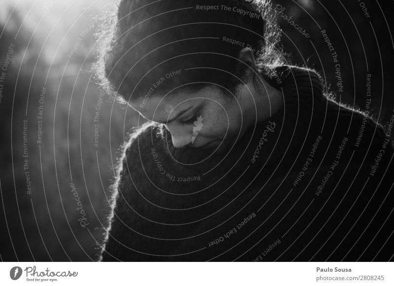 Black and White girl portrait Human being Feminine Young woman Youth (Young adults) 1 18 - 30 years Adults Curl Think Stand Sadness Bright Cold Gloomy Warmth