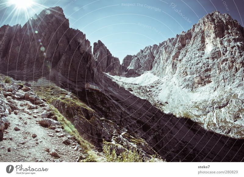 mountain hut Cloudless sky Sunlight Beautiful weather Rock Mountain Peak Gigantic Large Tall Above Blue Gray Dolomites South Tyrol Plattkofel Langkofel Hut