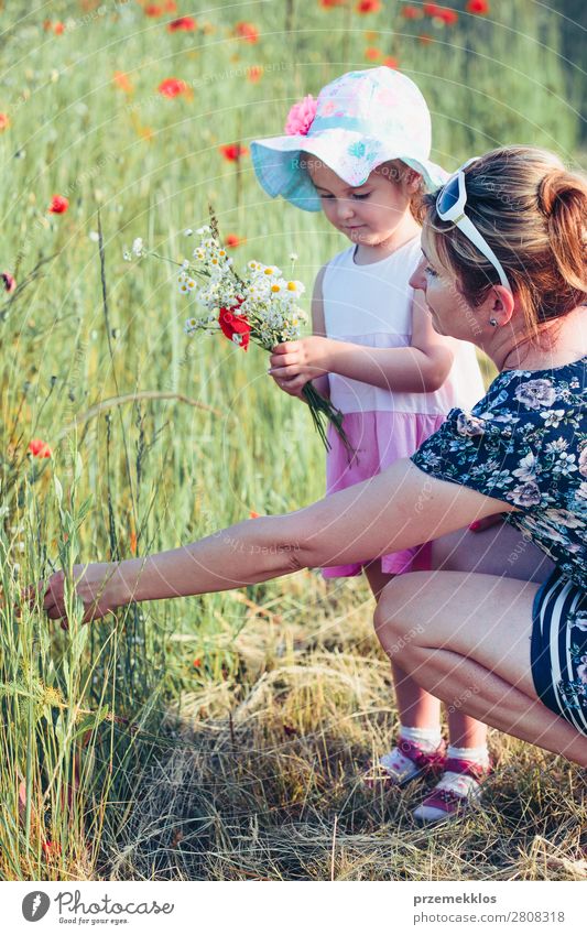 Mother and her little daughter in the field of wild flowers Lifestyle Joy Happy Beautiful Summer Garden Child Human being Woman Adults Parents