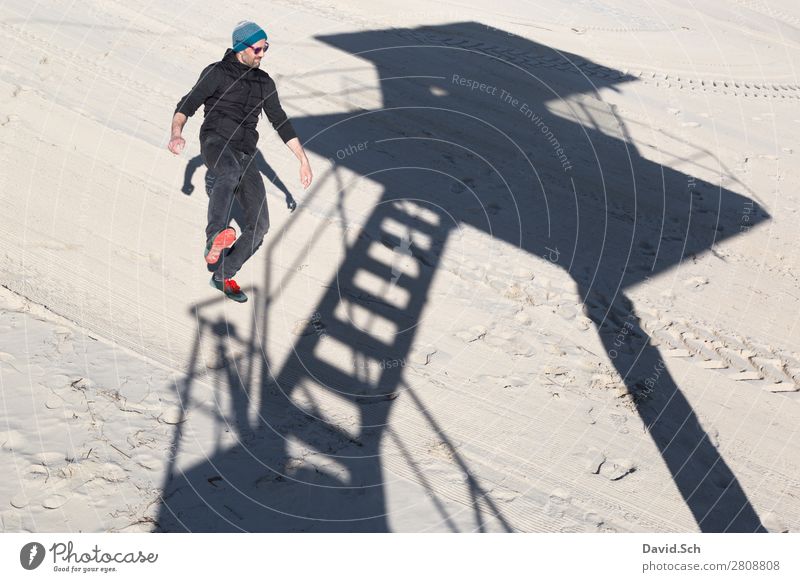 shadow play Human being Masculine Man Adults 1 30 - 45 years Sand Beautiful weather Coast Baltic Sea Sunglasses Cap Stand Thin Joy Contentment