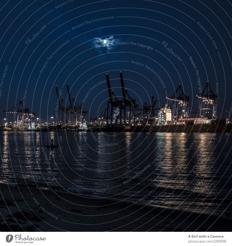 Greetings to my friends from Hamburch Hamburg Elbstrand Port City Skyline Industrial plant Shipyard Work and employment Dark Shift work Elbe Crane Moon