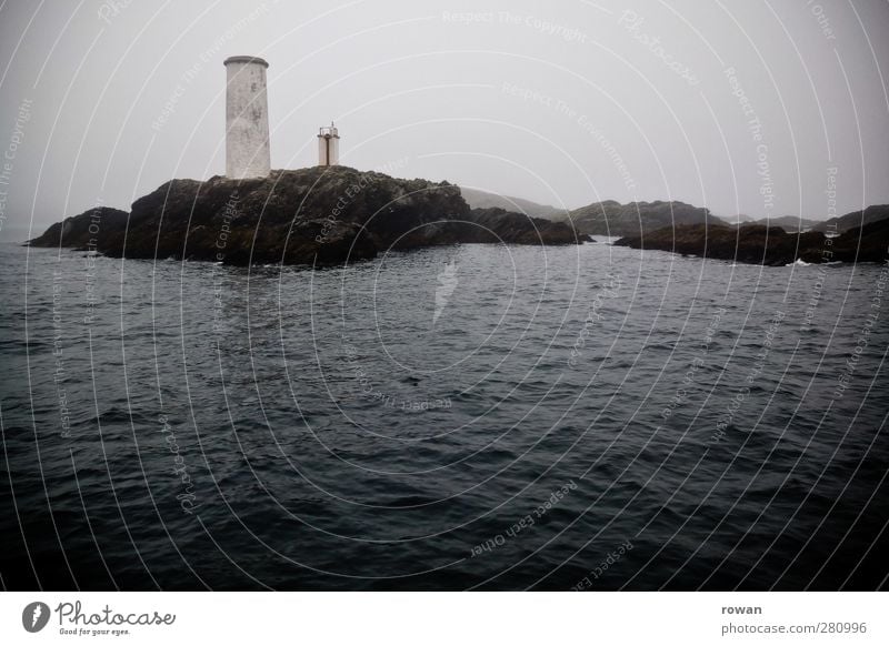 lighthouse Water Waves Coast Bay Fjord Reef Ocean Transport Road sign Navigation Cruise Boating trip Watercraft Dark Cold Mystic Jinxed Lighthouse Signal Fog