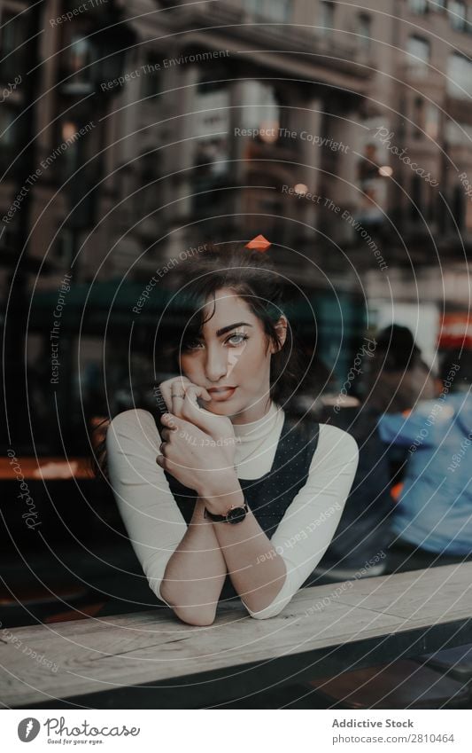 Stylish young woman in cafe Woman Style Youth (Young adults) Street Café Sit Rest Beautiful City Fashion pretty Attractive Model Human being Beauty Photography