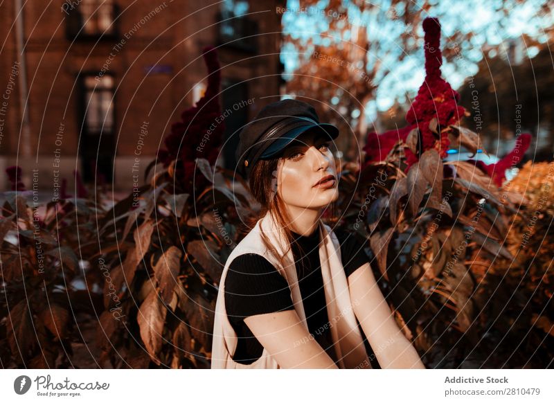 Sensual stylish woman on street Woman Style Youth (Young adults) Street Brick Building hands in pockets Cap Beautiful City Fashion pretty Attractive Model