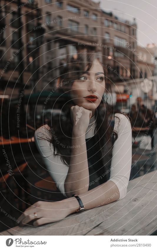 Stylish young woman in cafe Woman Style Youth (Young adults) Street Café Sit Rest Beautiful City Fashion pretty Attractive Model Human being Beauty Photography