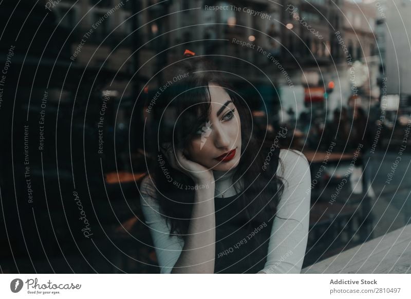 Stylish young woman in cafe Woman Style Youth (Young adults) Street Café Sit Rest Beautiful City Fashion pretty Attractive Model Human being Beauty Photography