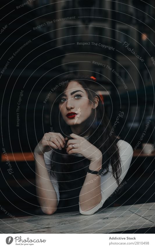 Stylish young woman in cafe Woman Style Youth (Young adults) Street Café Sit Rest Beautiful City Fashion pretty Attractive Model Human being Beauty Photography