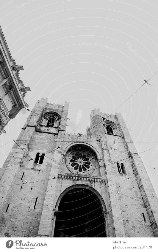 SÉ Lisbon Portugal Capital city Old town Church Dome Facade Tourist Attraction Religion and faith Clergyman Church service Catholicism Black & white photo