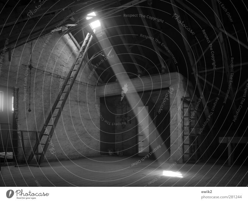 darkroom Attic Skylight Shaft of light Wall (barrier) Wall (building) Door Illuminate Black & white photo Interior shot Deserted Copy Space left Copy Space top