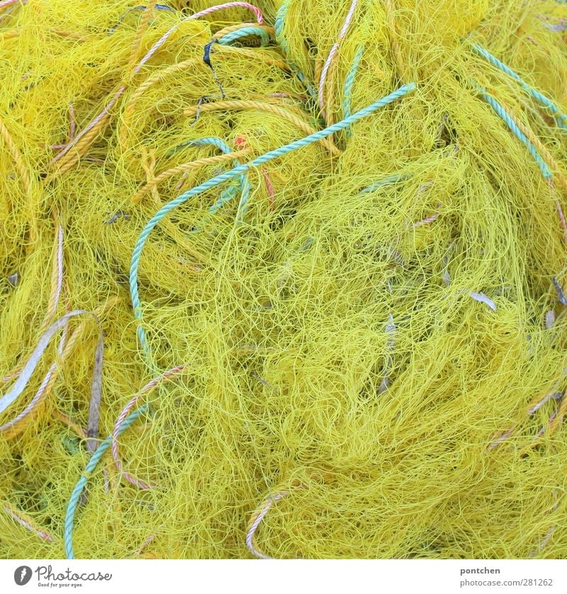 Tangle of yellow fishing nets and ropes and yellow and green. Net Blue Yellow suggestive by-catch Overfishing Fishery Fishing net Environmental protection