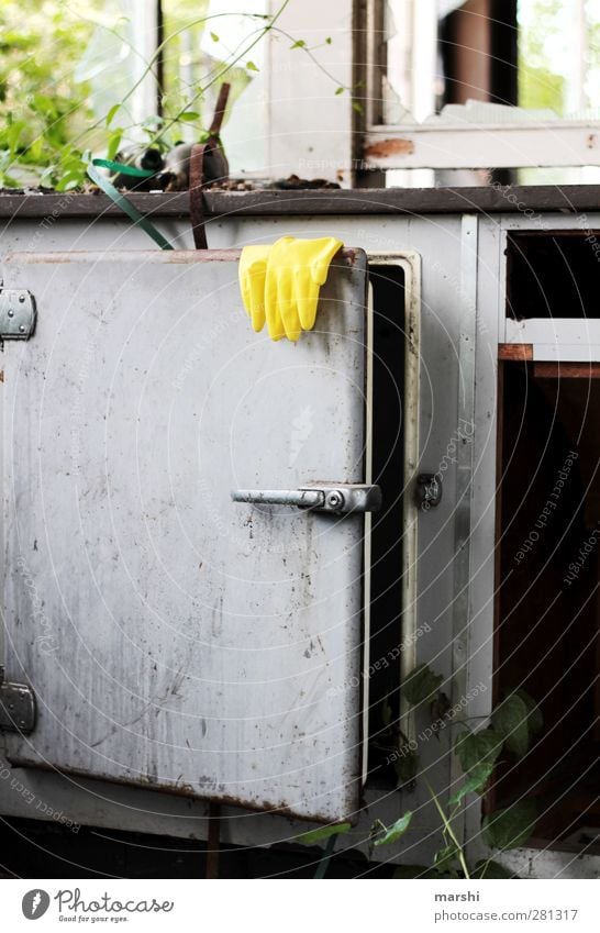 It's cleaned itself out. Flat (apartment) Furniture Kitchen Nature Plant Bushes Dirty Gloves Cleaning Old Second-hand Factory Icebox Colour photo Exterior shot