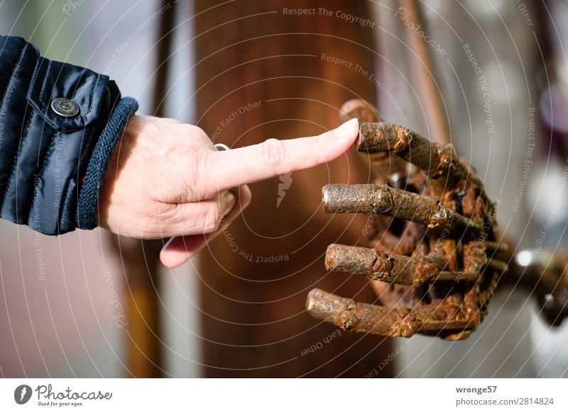 Touch, touch, touch. Hand Fingers 1 Human being 45 - 60 years Adults Art Sculpture Cold Modern Rebellious Brown Black Sympathy Interest Senses Whimsical