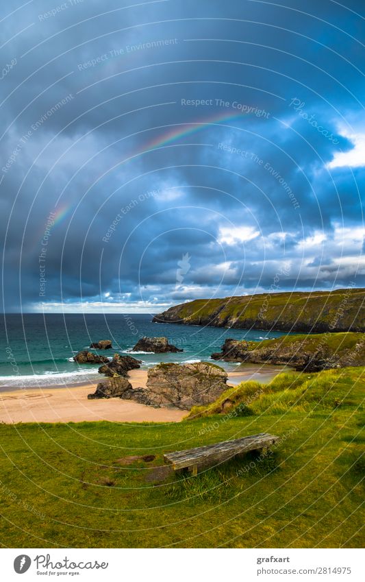 Rainbow over Sango Bay beach at Durness in Scotland Atlantic Ocean Atmosphere Bench Camping turniness Thunder and lightning Storm clouds Great Britain Cliff