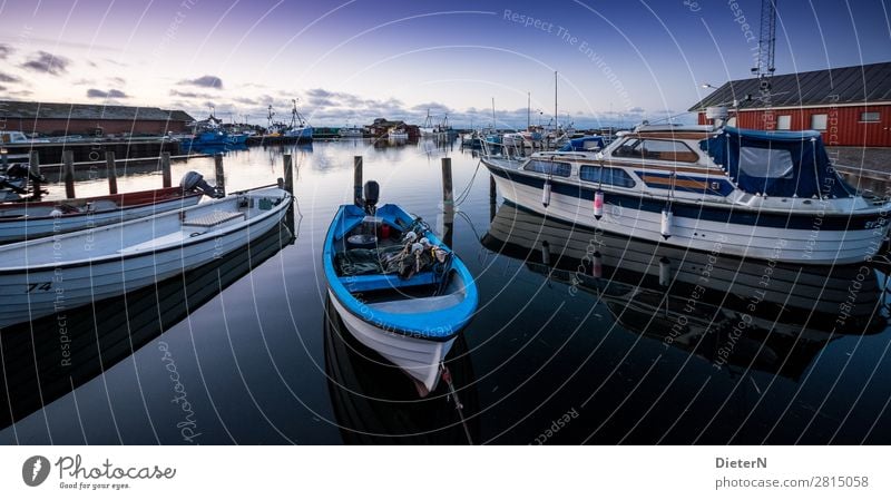 dawn Fishing boat Sport boats Yacht Yacht harbour Blue Black White Harbour Colour photo Subdued colour Exterior shot Deserted Copy Space top Copy Space bottom