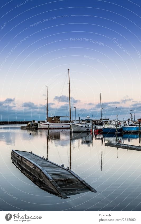 tilted position Navigation Sport boats Yacht Motorboat Sailboat Sailing ship Harbour Yacht harbour Blue Brown White Mast Footbridge Baltic Sea Colour photo