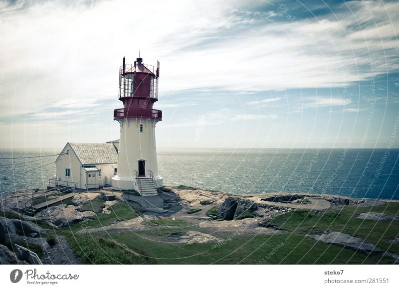 Lindesnes fyr Clouds Summer Coast Ocean House (Residential Structure) Lighthouse Blue Green Red White Horizon Far-off places Norway Colour photo Exterior shot