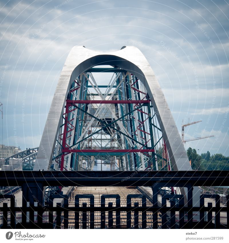 Bridging Bridge New Town Gray Silver Frankfurt Construction site Scaffold Bridge railing Prop Arch Subdued colour Exterior shot Deserted