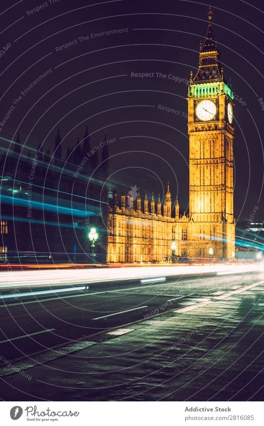 Brightly lit Elizabeth's tower Big Ben Long exposure Night London Mountain big Exposure Parliament Clock England Great Britain Tower Landmark City Architecture