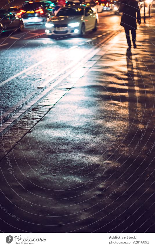 Headlight reflection on London road. Night Street Car City Transport Light Town Pedestrian Shadow headlight Beam of light Wet England Dusk Vehicle Human being