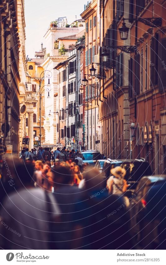 ROME, ITALY - JULY 14 2016: Beautiful street view with toutists, Rome Exterior shot Italian Street Destination Town Colour national Vacation & Travel Italy