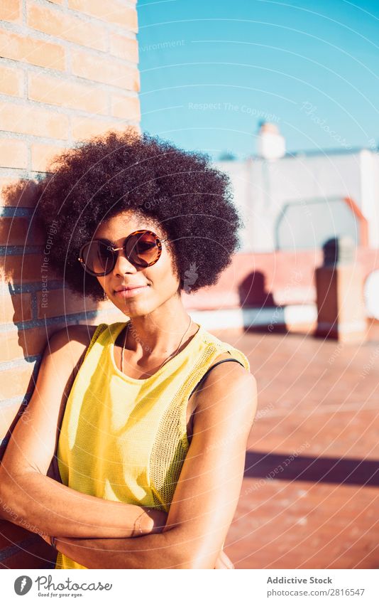 Young beautiful Afro-American woman posing and smiling while standing against brick wall African Charming Brick Model Hand Attractive Curly Sincere Happiness