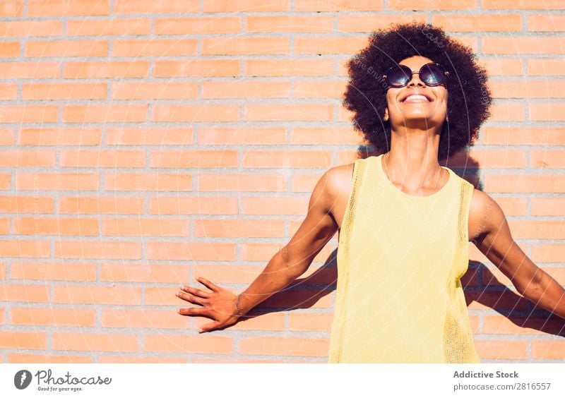 Young beautiful Afro-American woman posing and smiling while standing against brick wall African Charming Brick Model Hand Attractive Curly Sincere Happiness