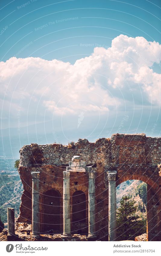 Detail view of Taormina, Sicily, Italy etna Italian Ocean Island Mountain Theatre Vantage point Old Greek Village Historic Architecture Amphitheatre Tourism