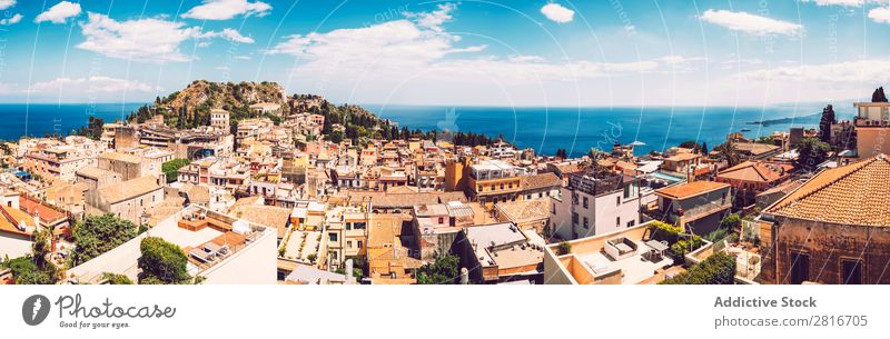 Panoramic view of Taormina, Sicily, Italy etna Italian Ocean Island Mountain Theatre Vantage point Old Greek Village Historic Architecture Amphitheatre Tourism