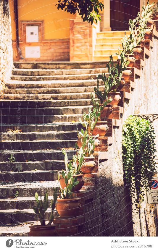 Detail view of Taormina, Sicily, Italy etna Italian Ocean Island Mountain Theatre Vantage point Old Greek Village Historic Architecture Amphitheatre Tourism