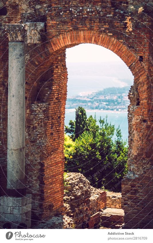 Detail view of Taormina, Sicily, Italy etna Italian Ocean Island Mountain Theatre Vantage point Old Greek Village Historic Architecture Amphitheatre Tourism