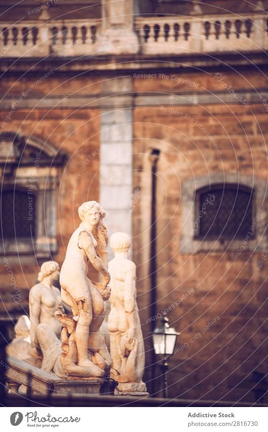 Detail view of baroque fountain with nude statues on piazza Pretoria in Palermo, Sicily, Italy Italian Fountain Sculpture Vacation & Travel Statue Marble