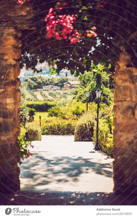 AGRIGENTO, SICILY, ITALY - 02 AUGUST 2013: A garden of Sicilian house near the seaside. Flat (apartment) Architecture Background picture Bay Beach Blue Brick