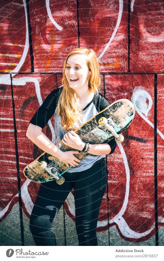 Cool skateboard woman at a public graffiti park Girl Skateboard Street Ice-skating Graffiti Woman Hat Cool (slang) Exterior shot Human being Leisure and hobbies