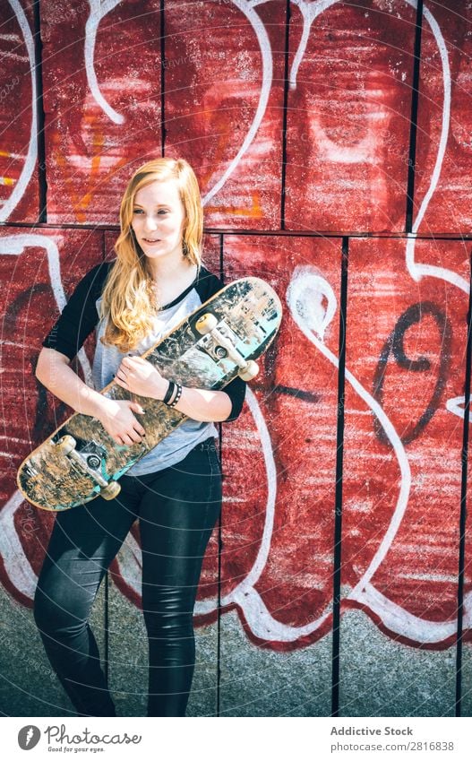 Cool skateboard woman at a public graffiti park Girl Skateboard Street Ice-skating Graffiti Woman Hat Cool (slang) Exterior shot Human being Leisure and hobbies