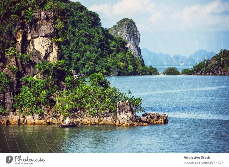 Picturesque sea landscape. Ha Long Bay, Vietnam Halong bay Asia Island Landmark Rock Blue asian Cruise Green Tree South Vietnamese Watercraft Village Dinghy