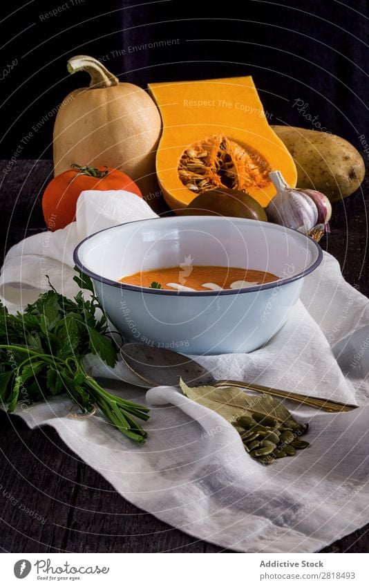 Pumpkin soup for halloween party Hallowe'en Soup Food Dinner Decoration Witch Cake Meal Autumn Close-up Deserted Green Bowl Snack Holiday season Spoon Vegetable